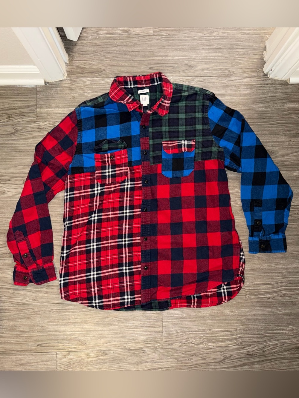 Gap Patchwork Flannel Big Shirt Button Down Shirt Men's XL